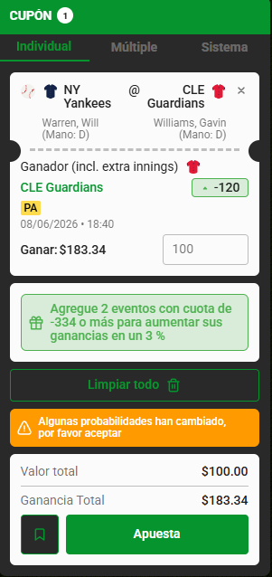 Cupón de apuesta con selección, monto y ganancia total