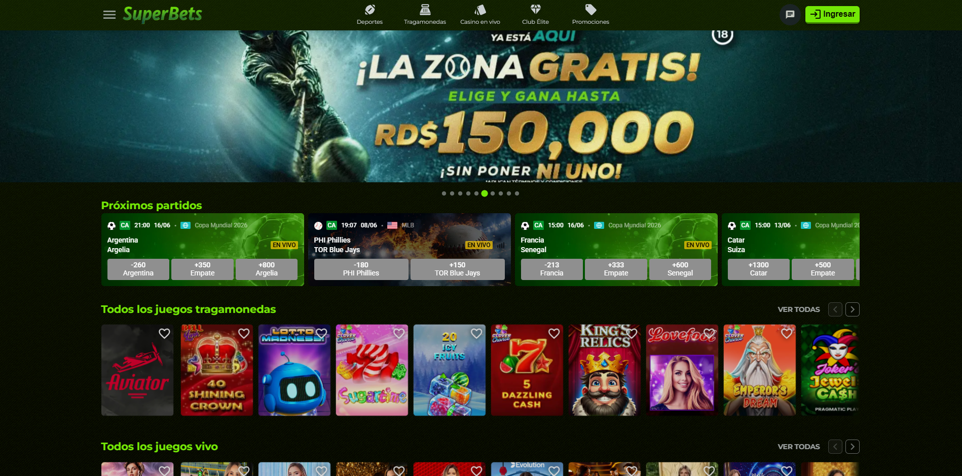 Pantalla principal de SuperBets con acceso a deportes