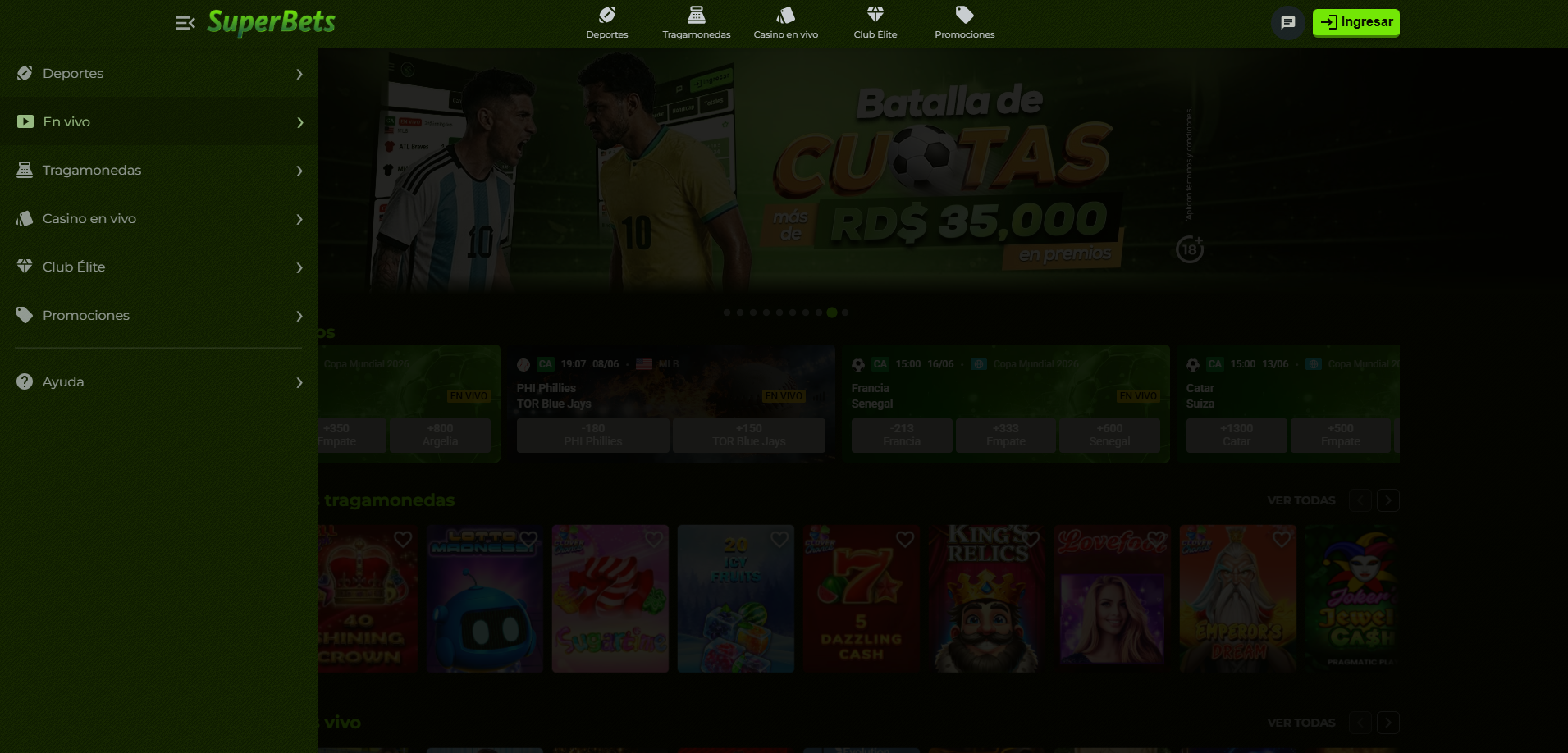 Menú lateral con acceso a deportes en SuperBets