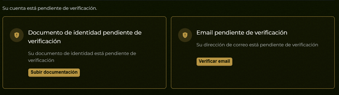 Pantalla de verificación con documento de identidad y email pendientes