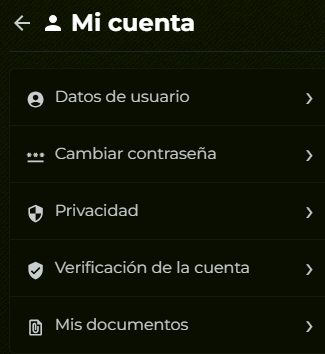 Pantalla Mi cuenta con la opción Verificación de la cuenta